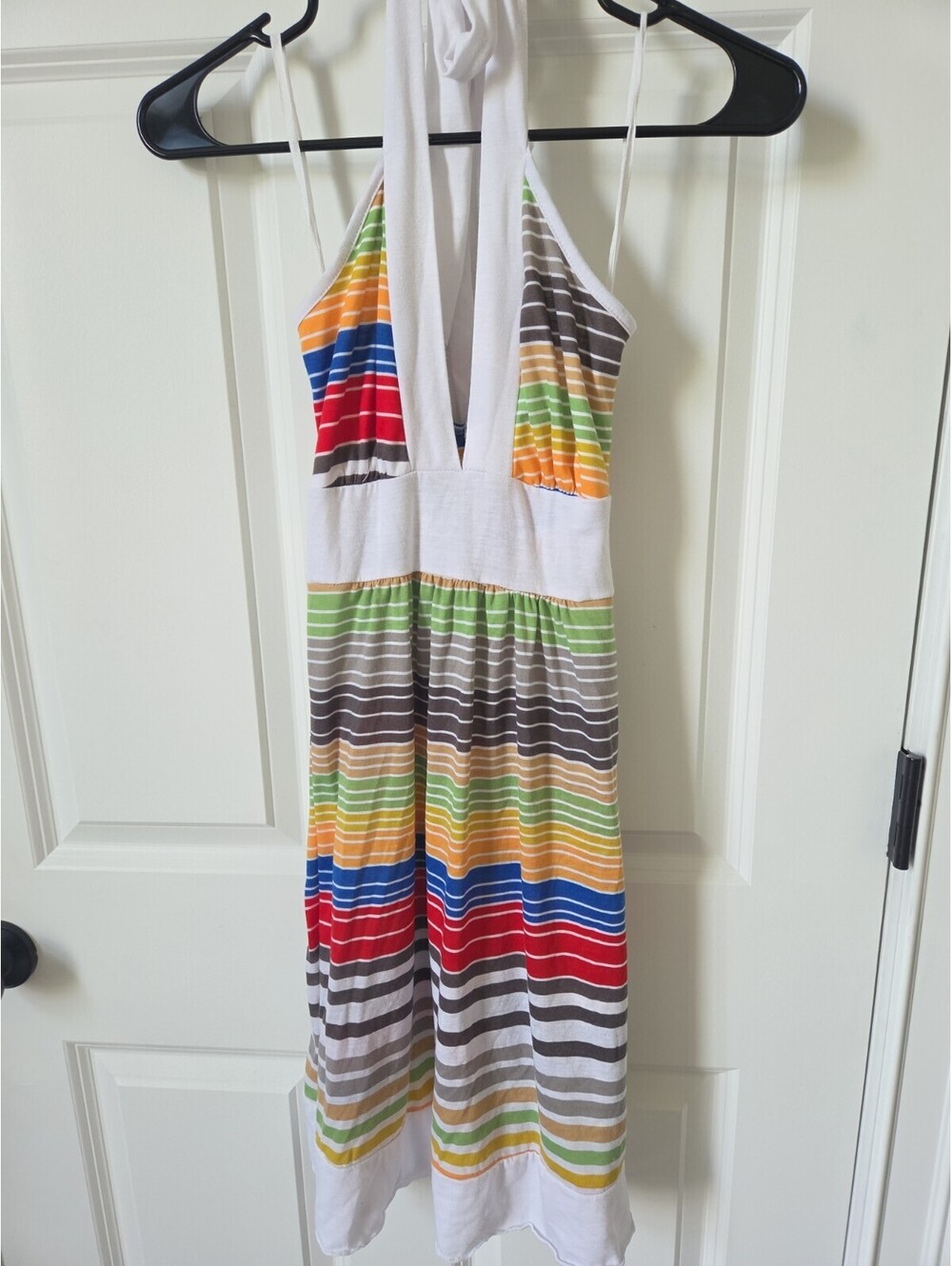 Body Central Y2k Tie Back Halter‎ Mini Dress Size M Rainbow Stripe Festival Rave